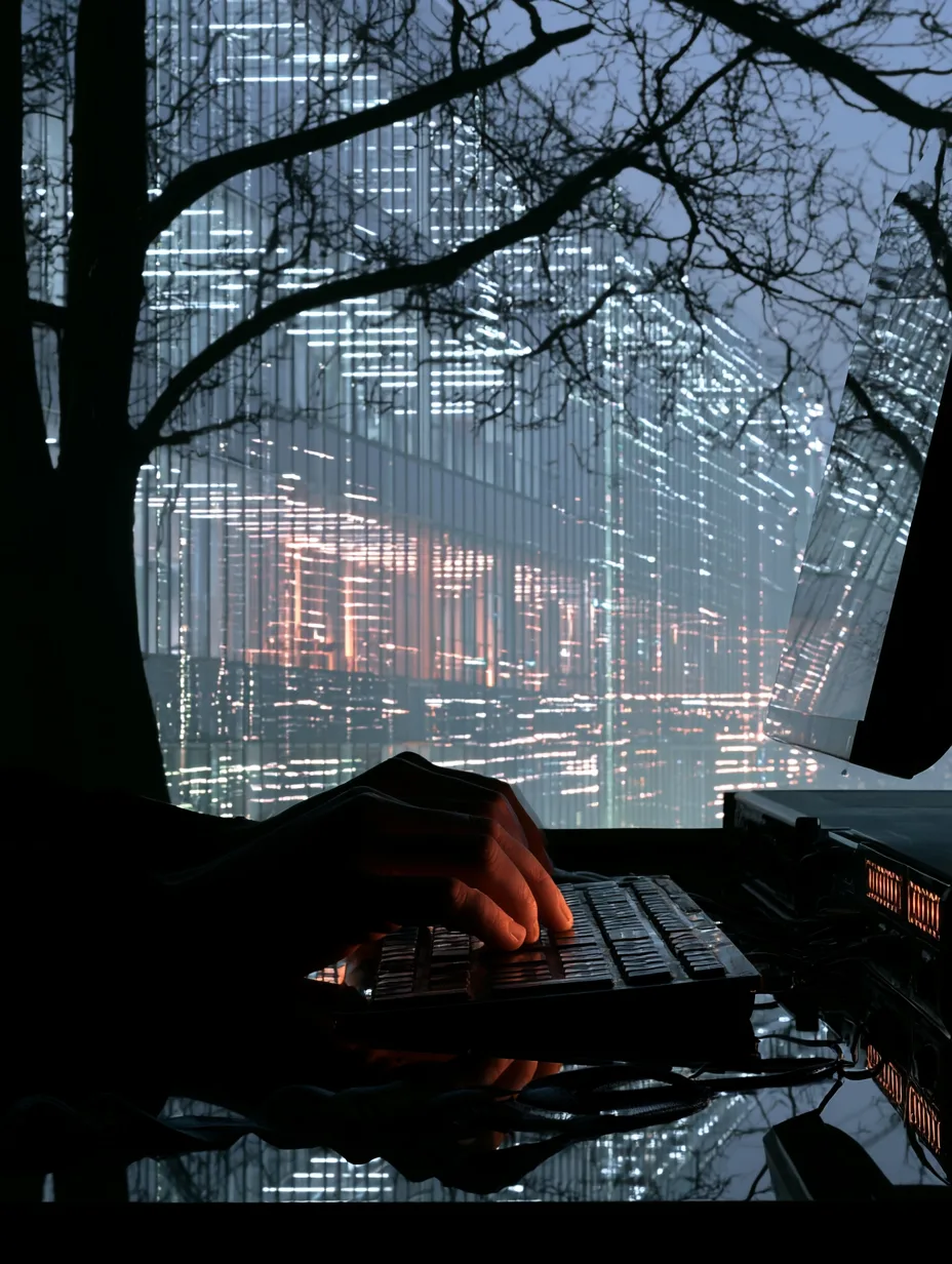 Close detail of hands on a keyboard, city lights beyond the window