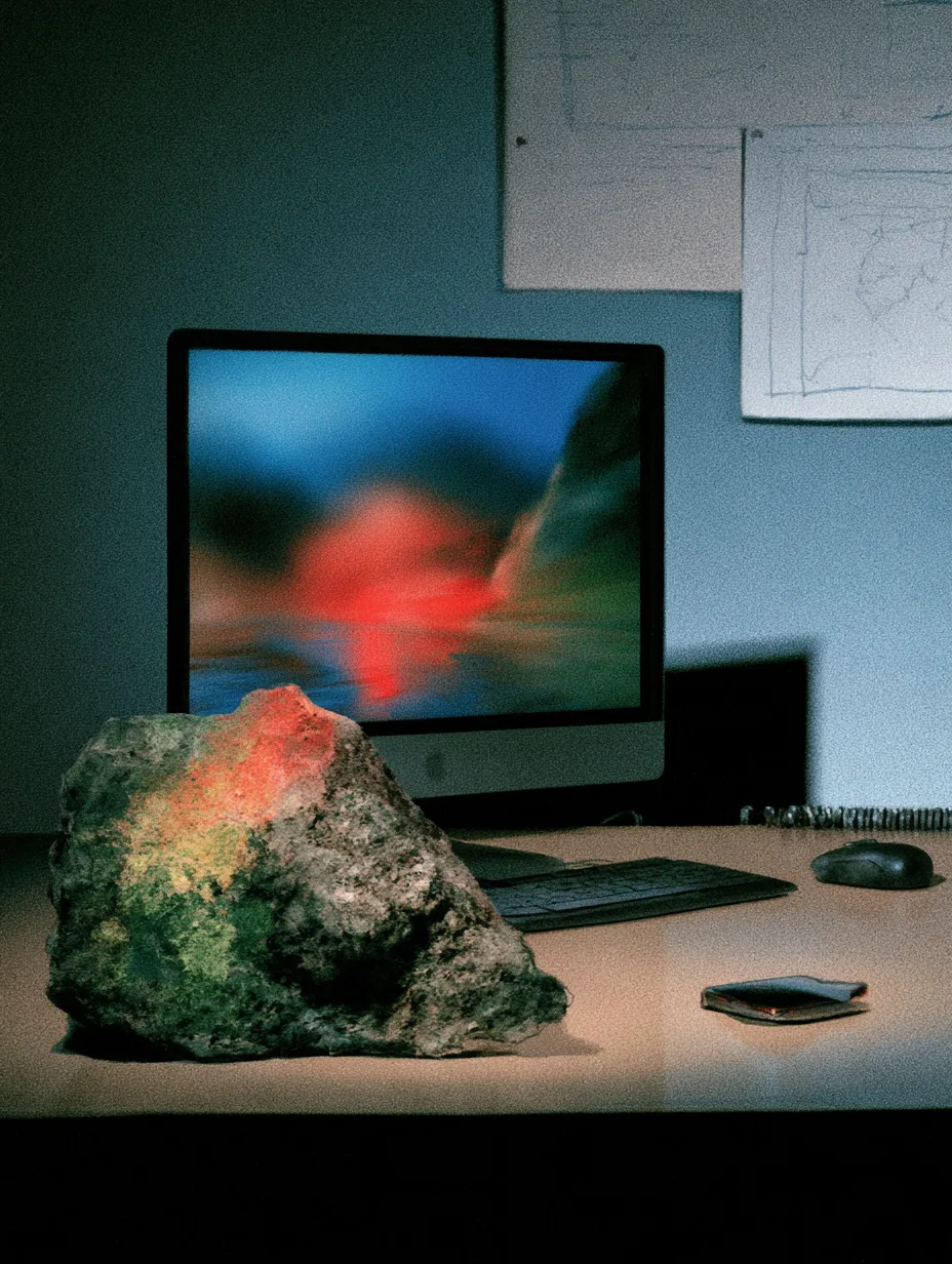 A desk at the Stanmore office with matched screens and wall sketches