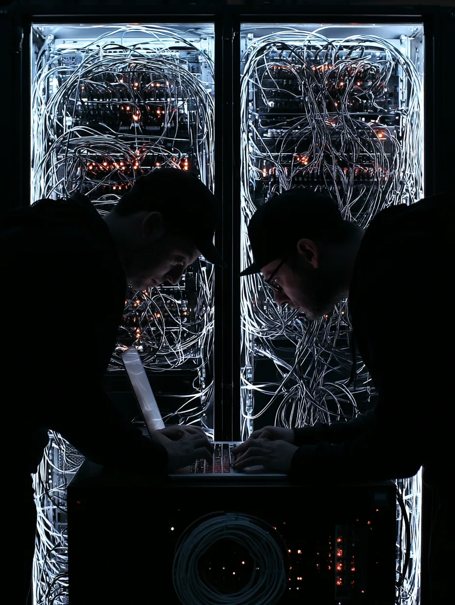 Two Inauro engineers working at an open server cabinet, late evening